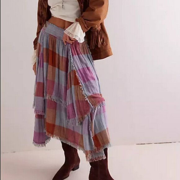Free People FP One Averie Maxi Skirt Smocked Raw Asymmetrical M & S